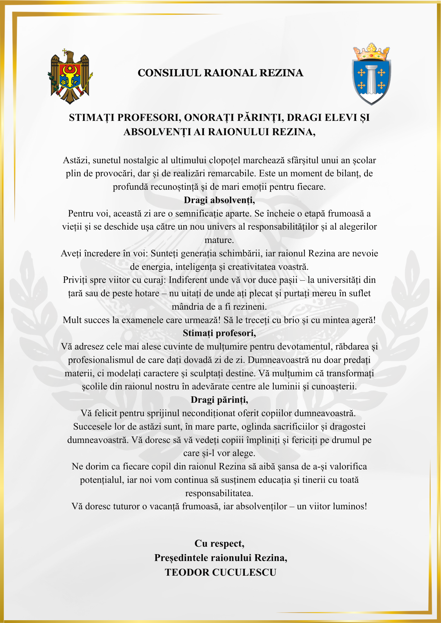 Mesajul Președintelui Raionului Rezina cu prilejul „Ultimului Sunet”