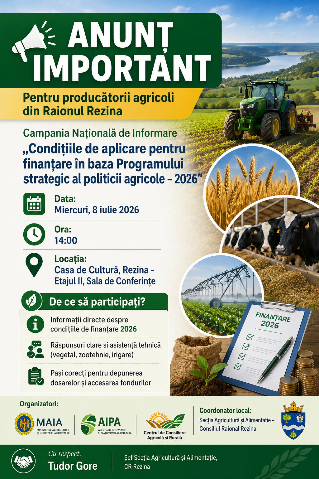 ANUNȚ IMPORTANT PENTRU PRODUCĂTORII AGRICOLI DIN RAIONUL REZINA