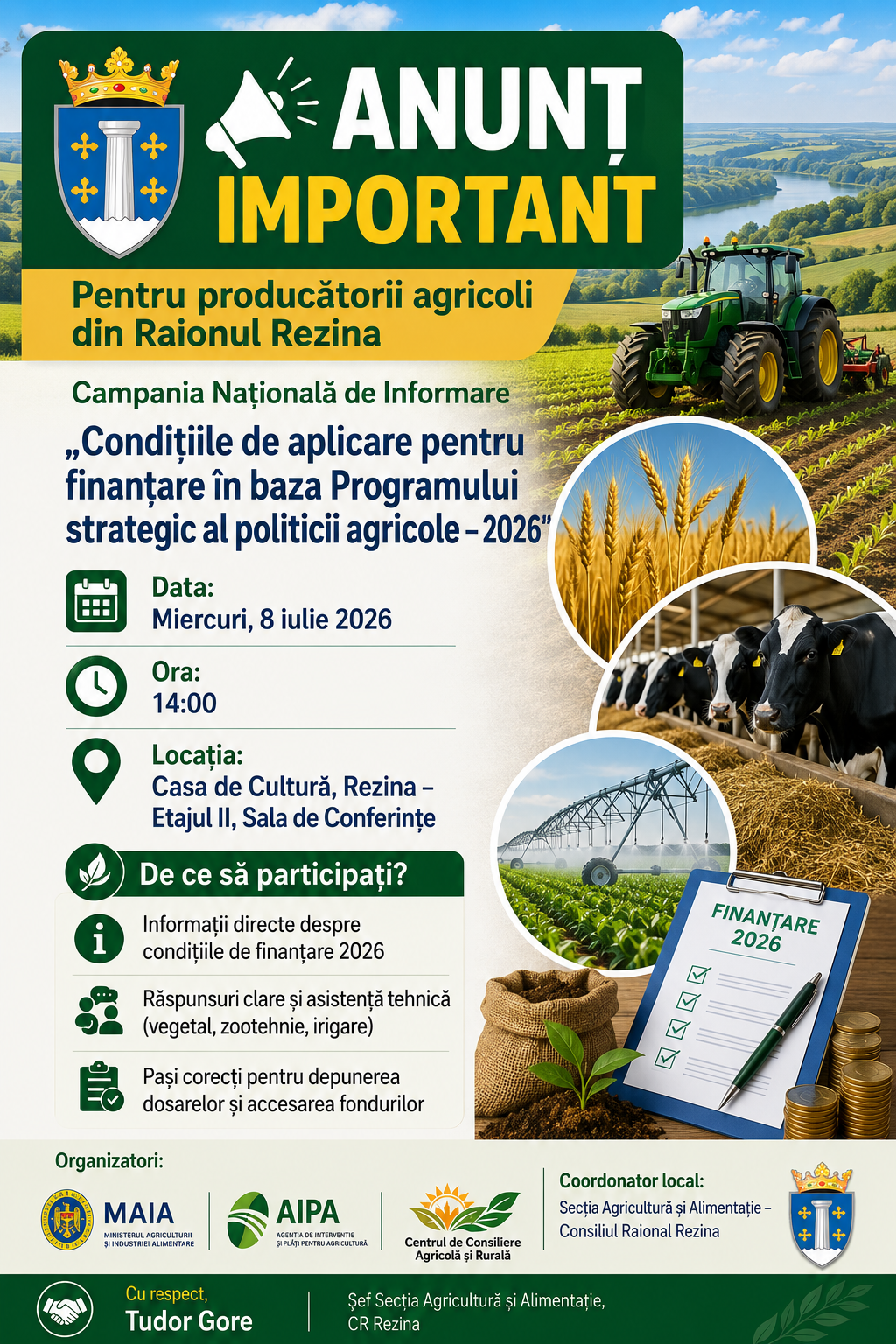 ANUNȚ IMPORTANT PENTRU PRODUCĂTORII AGRICOLI DIN RAIONUL REZINA